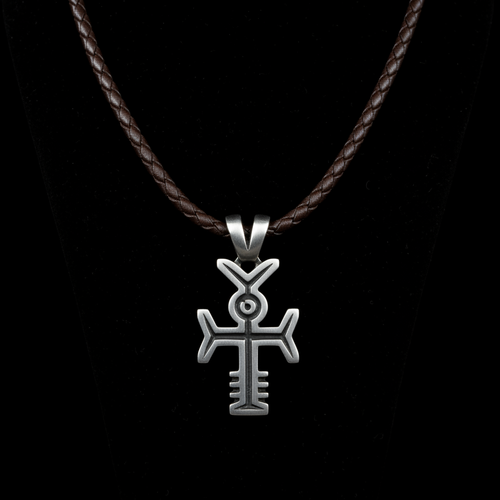 Sterling silver and titanium Adinkra symbol pendant on dark braided leather cord against black background